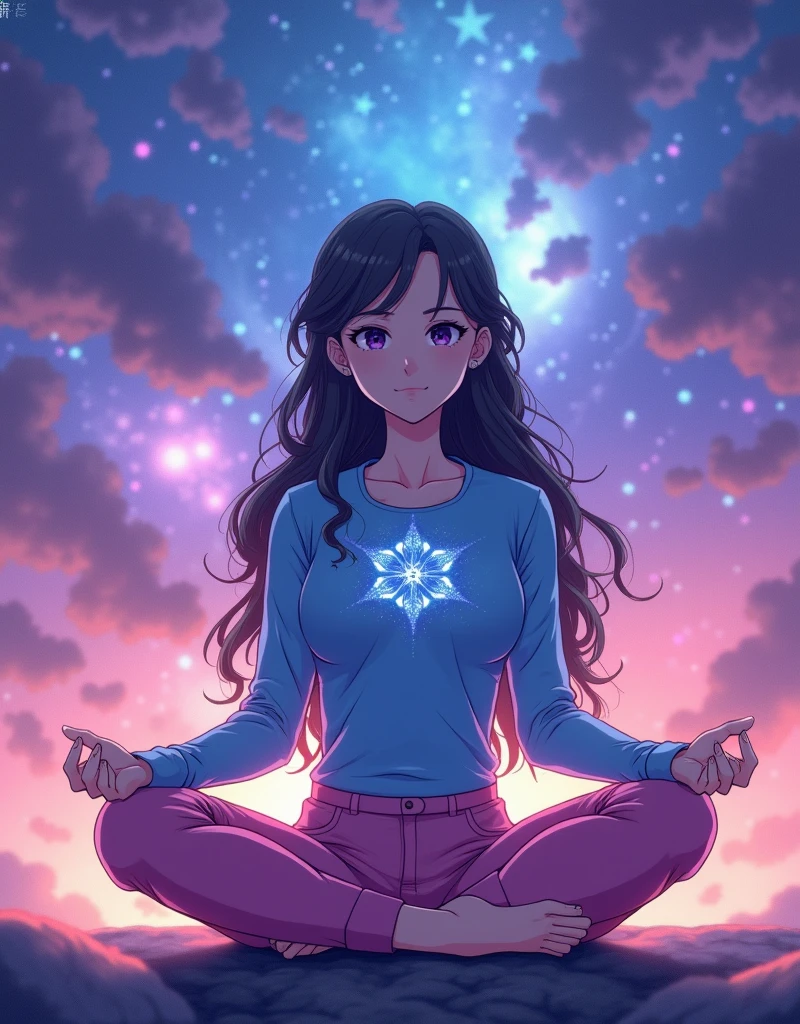 Create a anime style landscape image. Surreal, digitally created image featuring a young woman in a meditative pose. She is seated cross-legged on a dark surface, with her hands resting on her knees. The woman has long, wavy dark hair and a fair complexion. She is wearing a blue long-sleeved top with a sparkling design at the center and pink pants. The background is a stunning, cosmic scene with vibrant purples, blues, and pinks, resembling a galaxy with stars and nebulae. The overall composition creates a serene and mystical atmosphere, blending the human subject seamlessly with the celestial backdrop.
