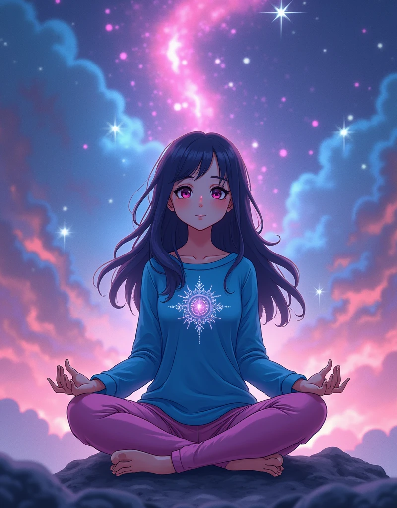 Create a anime style landscape image. Surreal, digitally created image featuring a young woman in a meditative pose. She is seated cross-legged on a dark surface, with her hands resting on her knees. The woman has long, wavy dark hair and a fair complexion. She is wearing a blue long-sleeved top with a sparkling design at the center and pink pants. The background is a stunning, cosmic scene with vibrant purples, blues, and pinks, resembling a galaxy with stars and nebulae. The overall composition creates a serene and mystical atmosphere, blending the human subject seamlessly with the celestial backdrop.