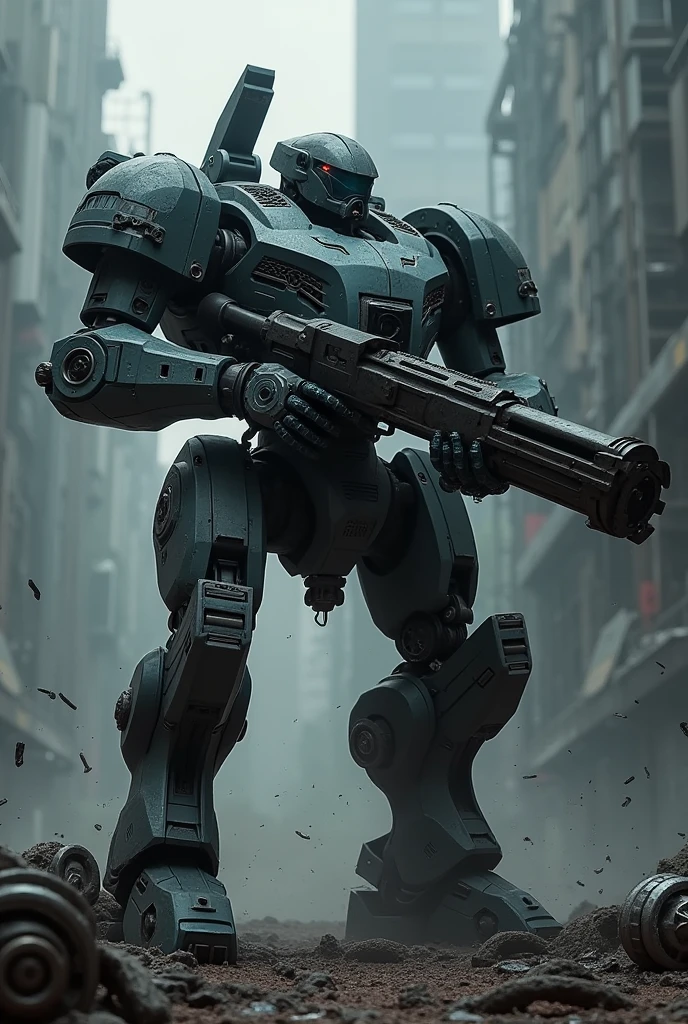 A futuristic mech, heavy weapon, lasers, armored, high quality, high resolution, robotic parts scattered, dark background, explosion