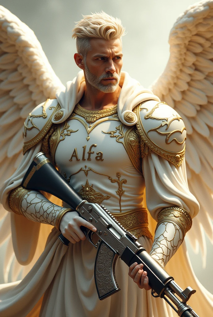 Warrior Angel in White and Gold colors, with the name ALFA on his chest holding a silver AK-47 with dragon details