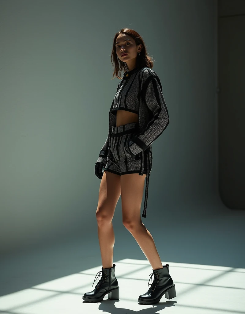 Dress the model in an avant-garde, fashion-forward shorts set with bold patterns or textures. Pose her against a stark, minimalist backdrop with dramatic, spotlighting to create a striking, high-fashion impact.