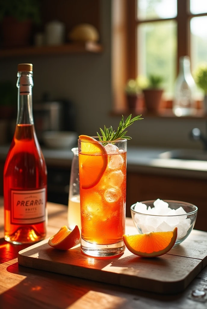 Dans une cuisine de campagne rustique, une bouteille de Prosecco, et une bouteille d'eau gazeuse sont disposées sur un comptoir en bois. À côté, des rondelles d'orange fraîchement coupées et des glaçons sont posés sur un plateau. Un verre d'Aperol Spritz parfaitement préparé, avec des glaçons flottants et une rondelle d'orange en garniture, est placé au centre de la scène. La lumière naturelle illumine la cuisine, mettant en valeur les détails chaleureux du bois et les couleurs vives des boissons