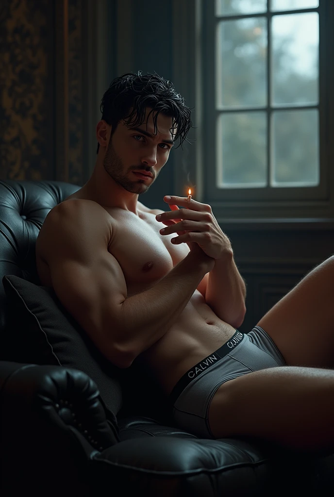 Image of an extremely beautiful man, marked jaw, muscular and big, thick legs, grey eyes, very masculine, White skin, extremely masculine, sexy look, wet black hair, in a dark room lit by moonlight entering through a fancy window, lying on a black leather sofa, with a cigarette in his hands, dressed in grey calvin klein boxers, dark
