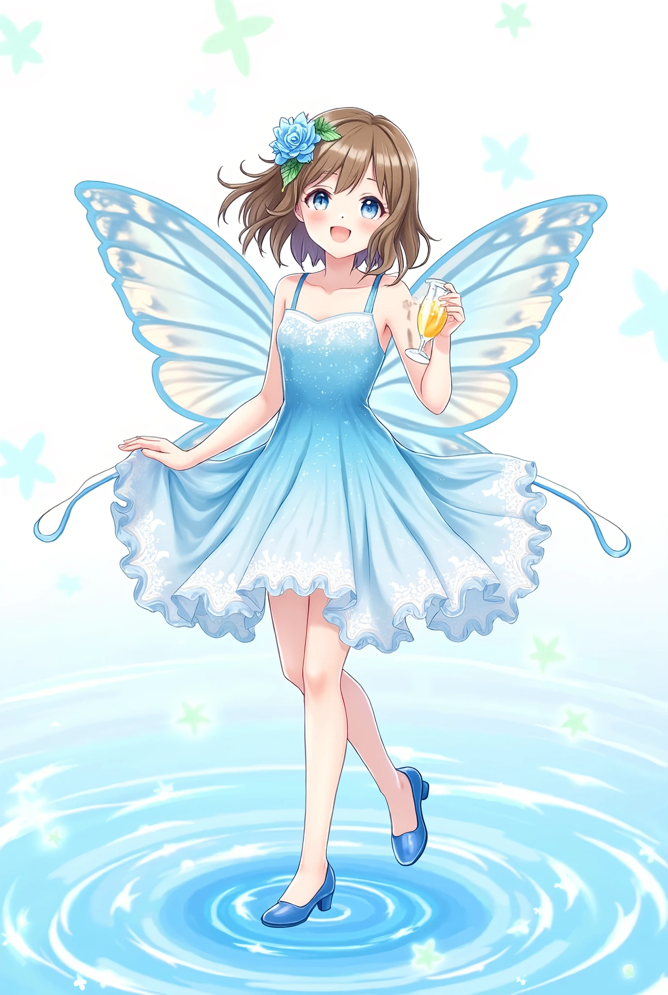 1 girl, transparent water, blue butterfly, saia de gaze pure branch, sparkling wine