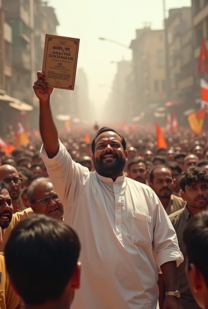 A leader who is protesting with thousands of people and holding a book raised in his hand.
Book name is मराठी साहित्य
Weared white Nehru Kurta.