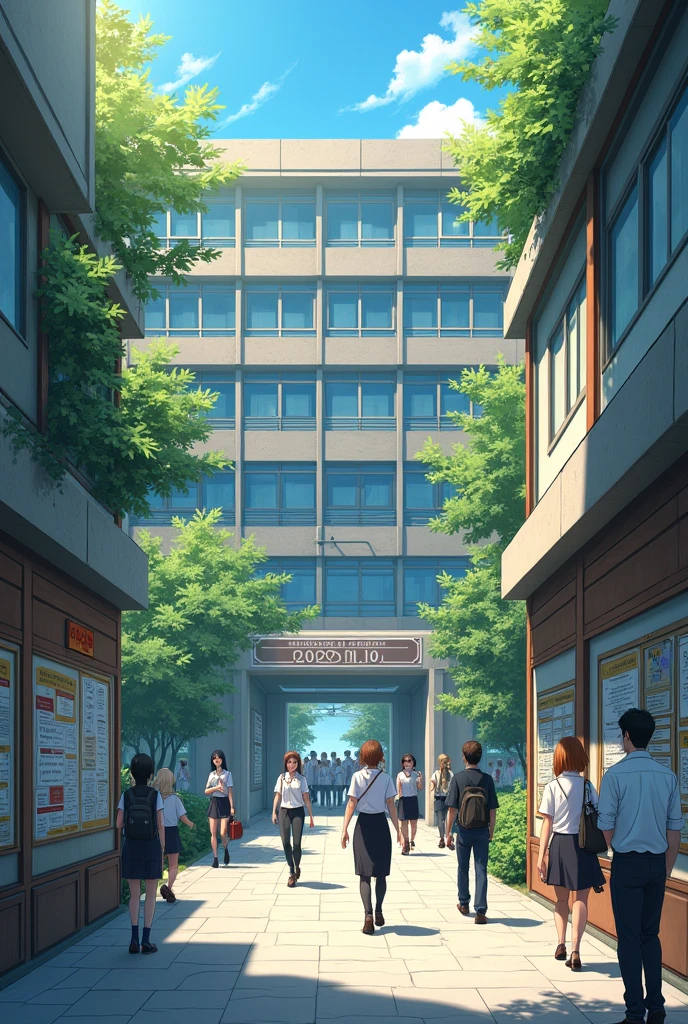A background of windows and doors of a building is observed, On the sides hang boards containing notices, exchanges, changes, etc. Typical of a district, where the teachers go.