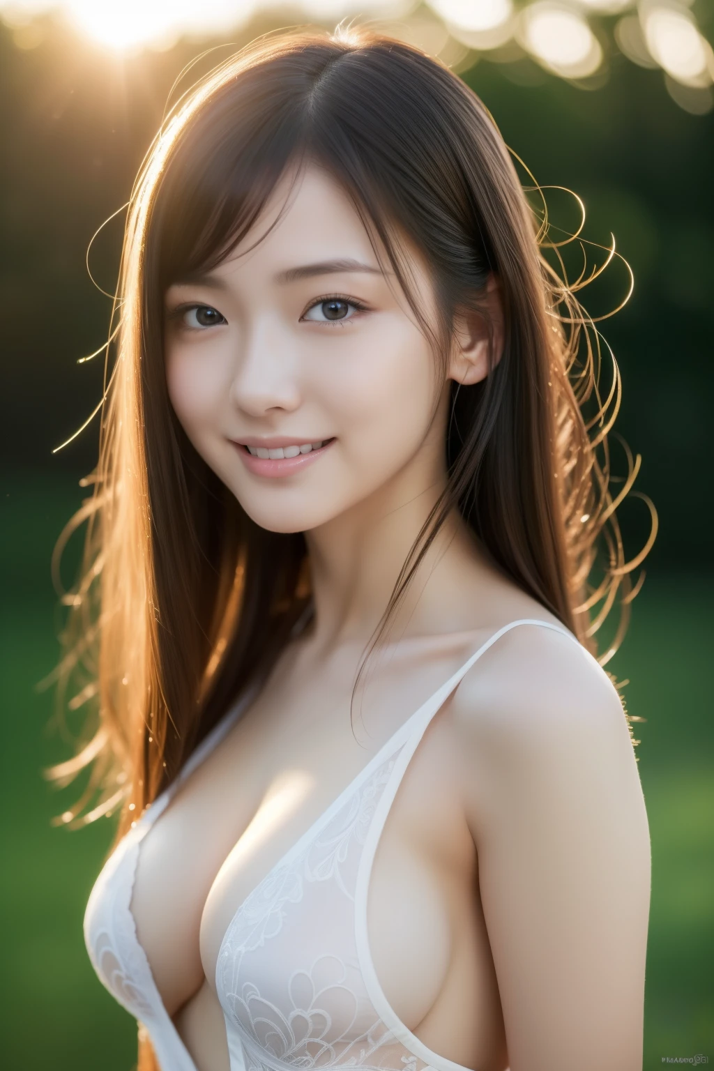 (((masterpiece))), top-quality, ultra-detailliert, Extremely detailed, Detailed background, light rays, Very beautiful girl, japanese, 16 yo, Detailed face, Solo, (Full body:1.3), (random hairstyles :1.2), side swept, (Young Face), (Perfect body:1.1), sunset glow, Summer, in 8K, Wallpaper, amazing, finely detail, Ultra-detailed, 超A high resolution, Extremely detailed, Pure erotic face, flirt smiling, extremely detailed eye and face, Beautiful detailed eyes, highlydetailed skin, No makeup, (Natural Skin), see through dress, big boobs, hard nipples