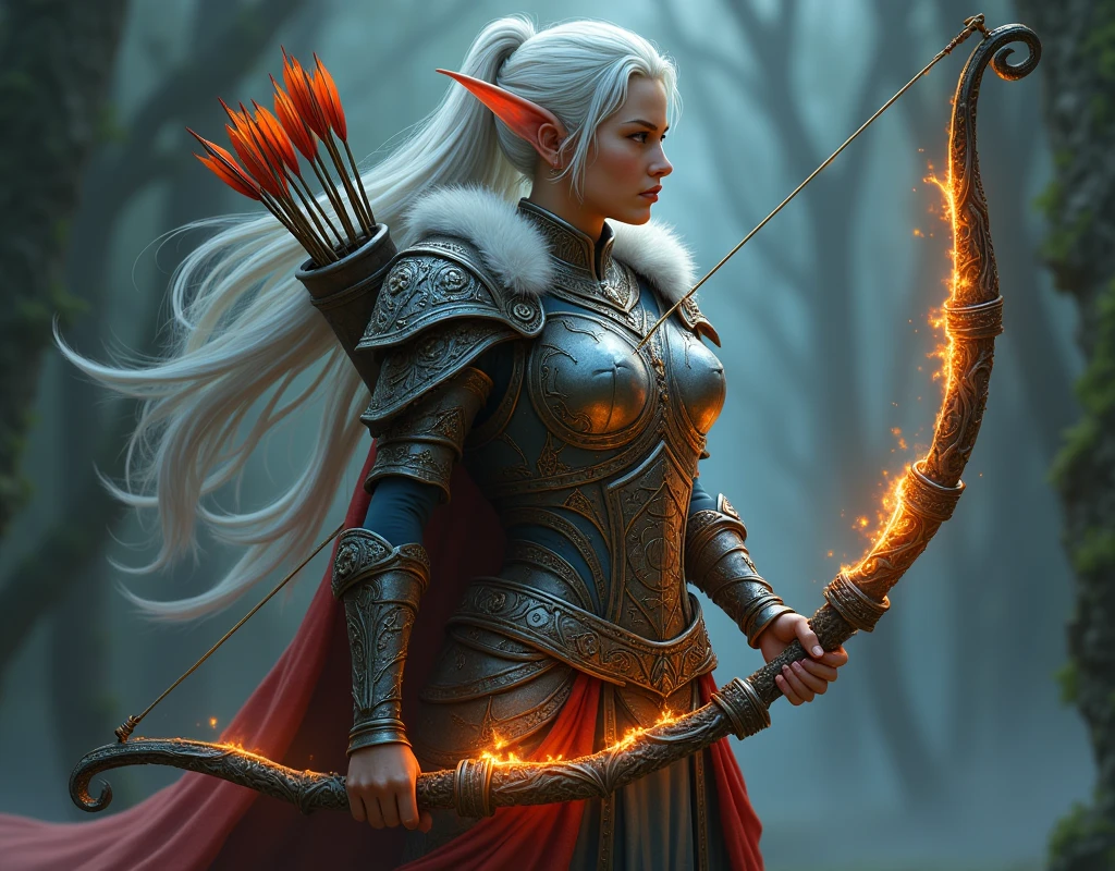 A fantasy-themed an elf-like female warrior in full view wielding a large Bow with a glowing orange Bowstring. ornate armor is adorned with glowing blue runes around the chest, shoulders, and waist. A quiver of arrows is slung over her left shoulder.