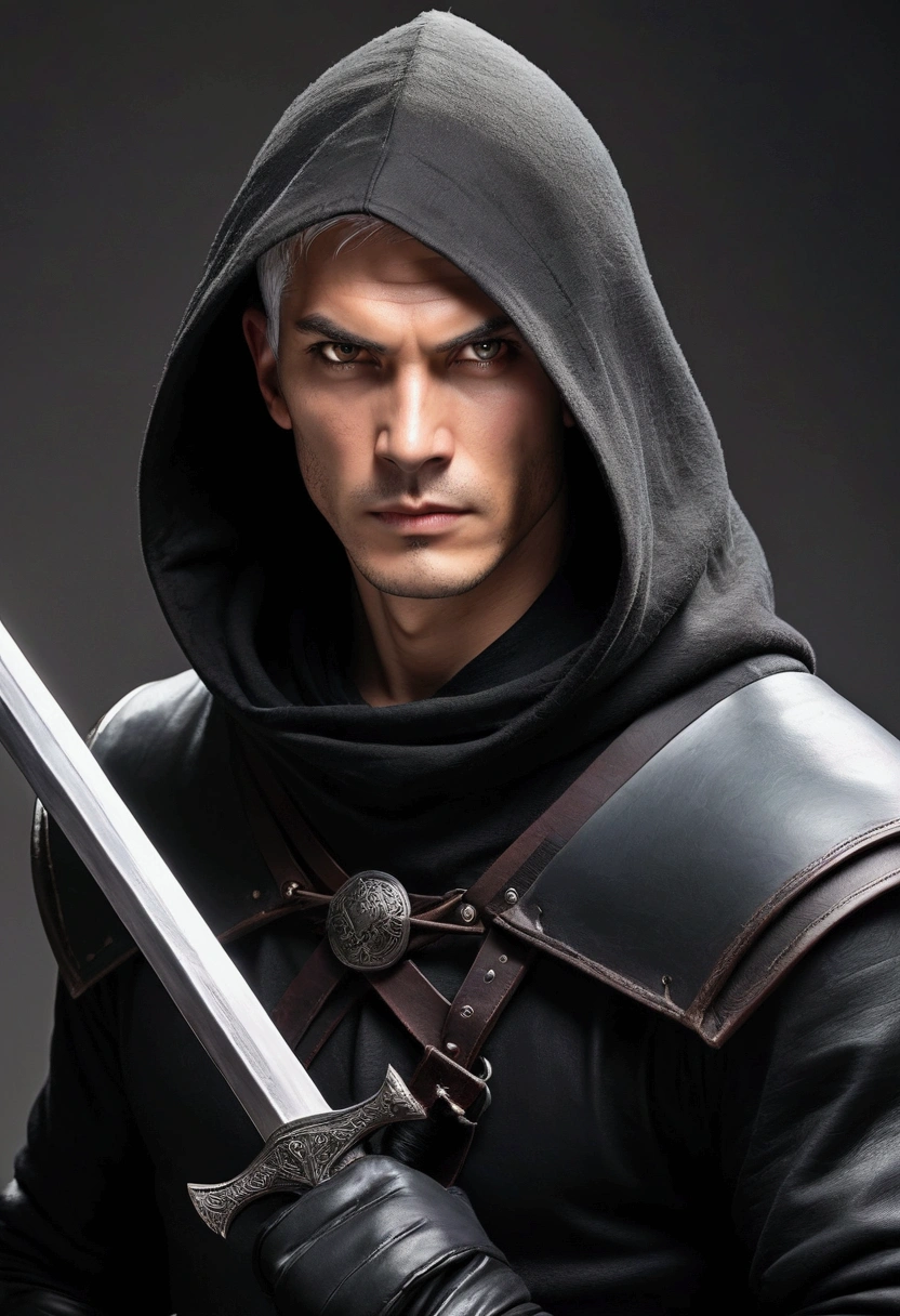 Short grey hair、Red Eyes、A fearless face、Black clothing with leather hood、Wearing gloves、Holding a medieval sword、 man、One caucasican male Swordsman、combat style