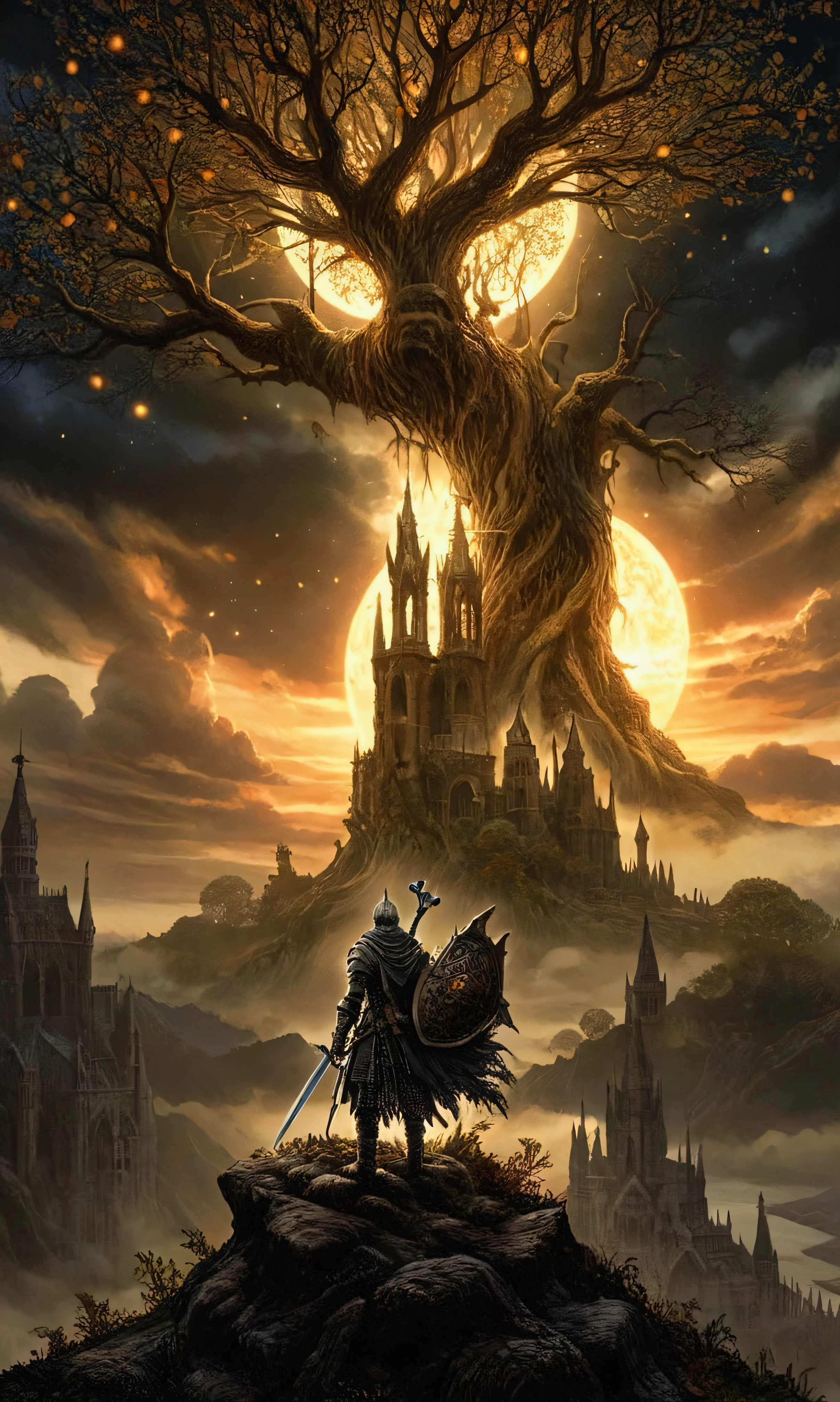 a painting of a man standing on top of a hill next to a World Tree, dark souls art, elden ring art, amazing d & d dark sun art, dark souls art style, dark souls concept art, darksouls concept art, elden ring concept art, elden ring official, elden ring boss, anor londo, epic fantasy artwork