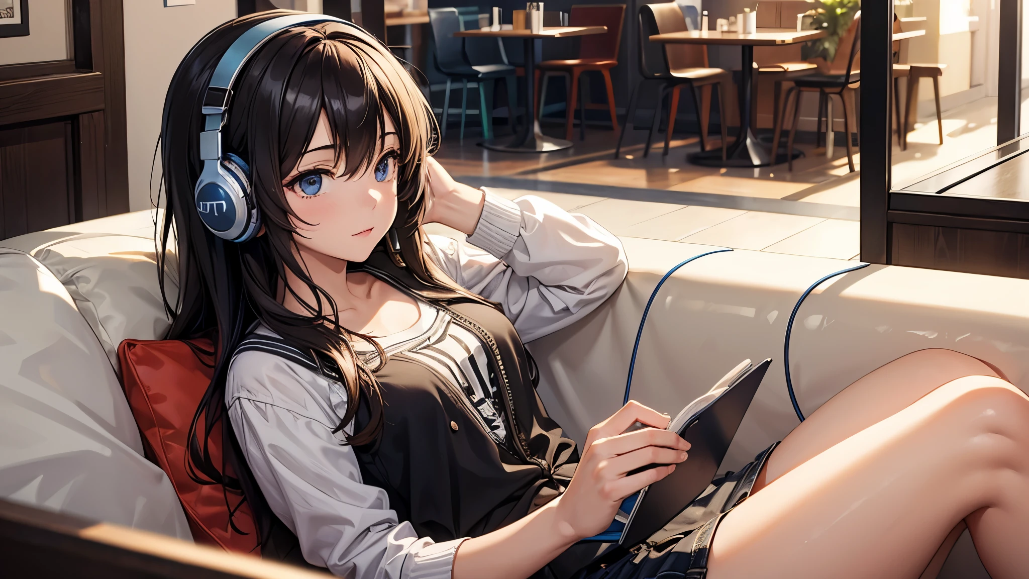 Girl with headphones enjoying music in a cafe　I am studying　Emphasize a little bit of the chest