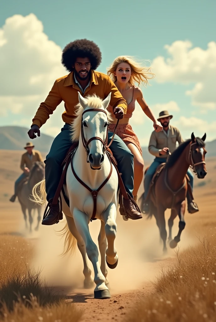 Photo of a young black man with afro hairstyle, running away with a young blonde with blue eyes, on a white horse and being watched by brave men armed with rifles, in a situation of danger