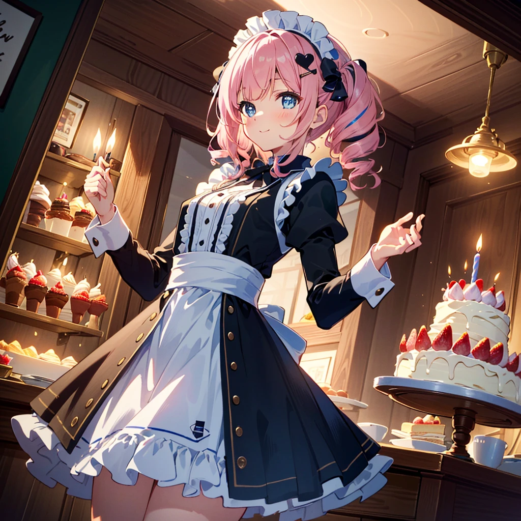 super fine illustration, dynamic angle, an extremely cute and beautiful girl, highly detailed beautiful face and eyes, (masterpiece:1.2), (best quality:1.2), wallpaper 8k CG, very precise detailed, highres, anime screenshot, (1girl, solo), (perfect anatomy, shikoku metan, blue eyes, pink hair, long sleeves, long hair, blush stickers, white dress, (black dress:0.9), twintails, puffy sleeves, frills, twin drills, maid headdress, heart hair ornament, light smile, happy, joyful, upturned eyes, blush, twinkle in her eyes, bright pupils, closed mouth:1.3), (indoors, birthday cake, happy birthday, strawberry cake, candles:1.3), (medium long shot, flat chest, (dutch angle), from below, from an angle, cowboy shot, dynamic pose, focus on eyes, perfect five fingers, holding cake, looking at another:1.3), BREAK beautiful detailed medium hair, delicate arms and hands, slim legs, authentic skin texture, BREAK detailed soft lighting, cinematic lighting, refined rendering, gorgeous and rich graphics, extremely detailedmasterpiece, detailed and intricate, ,zzHoldingCake, cake, birthday cake, happy birthday,zzHoldingCake, cake, birthday cake, happy birthday,zzHoldingCake, cake, birthday cake, happy birthday,shikoku metan,goth