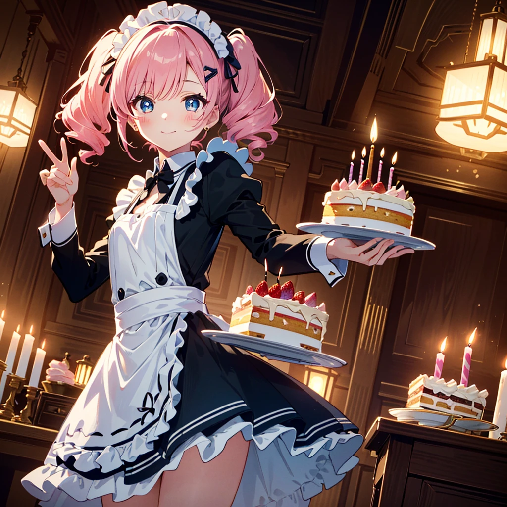 super fine illustration, dynamic angle, an extremely cute and beautiful girl, highly detailed beautiful face and eyes, (masterpiece:1.2), (best quality:1.2), wallpaper 8k CG, very precise detailed, highres, anime screenshot, (1girl, solo), (perfect anatomy, shikoku metan, blue eyes, pink hair, long sleeves, long hair, blush stickers, white dress, (black dress:0.9), twintails, puffy sleeves, frills, twin drills, maid headdress, heart hair ornament, light smile, happy, joyful, upturned eyes, blush, twinkle in her eyes, bright pupils, closed mouth:1.3), (indoors, birthday cake, happy birthday, strawberry cake, candles:1.3), (medium long shot, flat chest, (dutch angle), from below, from an angle, cowboy shot, dynamic pose, focus on eyes, perfect five fingers, holding cake, looking at another:1.3), BREAK beautiful detailed medium hair, delicate arms and hands, slim legs, authentic skin texture, BREAK detailed soft lighting, cinematic lighting, refined rendering, gorgeous and rich graphics, extremely detailedmasterpiece, detailed and intricate, ,zzHoldingCake, cake, birthday cake, happy birthday,zzHoldingCake, cake, birthday cake, happy birthday,zzHoldingCake, cake, birthday cake, happy birthday,shikoku metan,goth