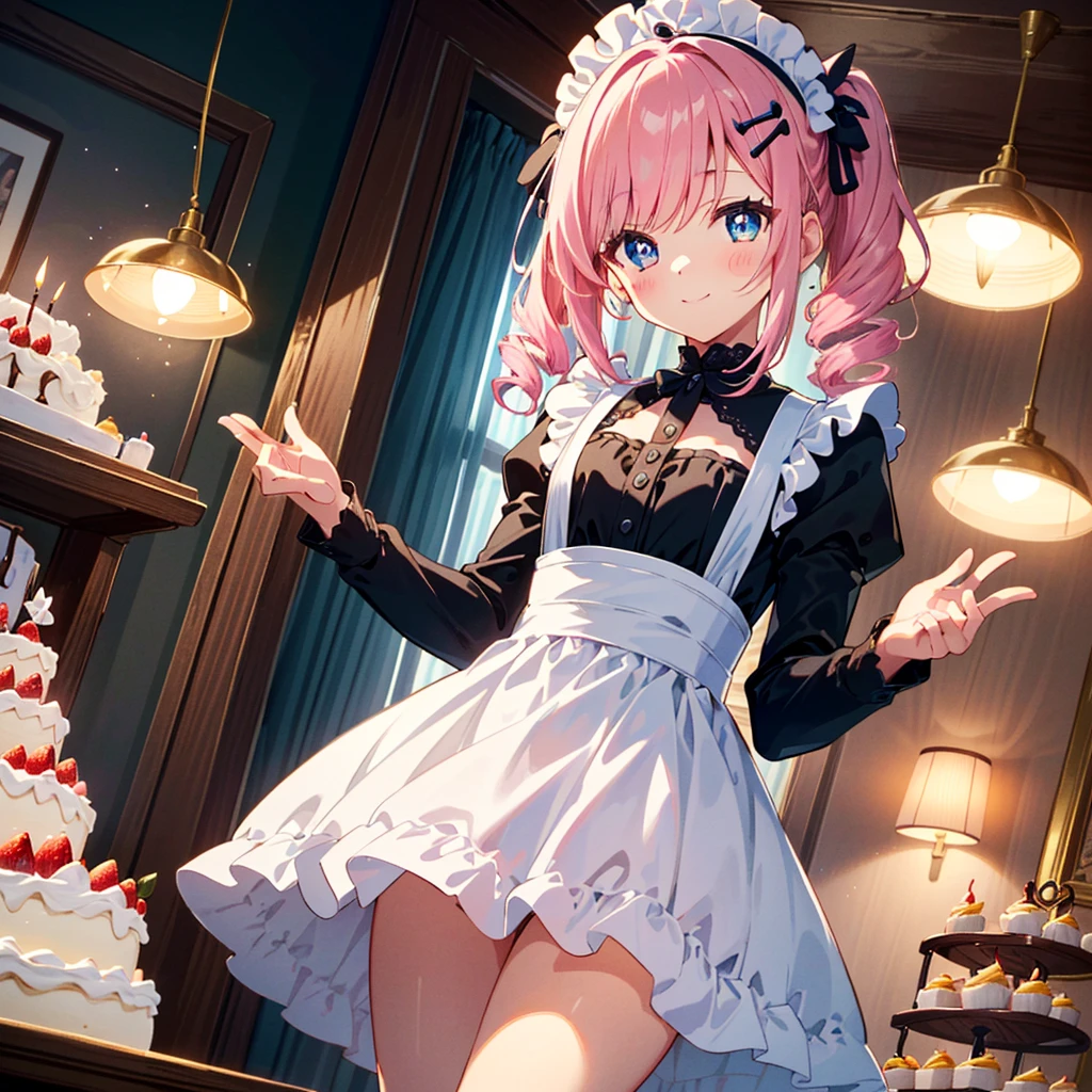 super fine illustration, dynamic angle, an extremely cute and beautiful girl, highly detailed beautiful face and eyes, (masterpiece:1.2), (best quality:1.2), wallpaper 8k CG, very precise detailed, highres, anime screenshot, (1girl, solo), (perfect anatomy, shikoku metan, blue eyes, pink hair, long sleeves, long hair, blush stickers, white dress, (black dress:0.9), twintails, puffy sleeves, frills, twin drills, maid headdress, heart hair ornament, light smile, happy, joyful, upturned eyes, blush, twinkle in her eyes, bright pupils, closed mouth:1.3), (indoors, birthday cake, happy birthday, strawberry cake, candles:1.3), (medium long shot, flat chest, (dutch angle), from below, from an angle, cowboy shot, dynamic pose, focus on eyes, perfect five fingers, holding cake, looking at another:1.3), BREAK beautiful detailed medium hair, delicate arms and hands, slim legs, authentic skin texture, BREAK detailed soft lighting, cinematic lighting, refined rendering, gorgeous and rich graphics, extremely detailedmasterpiece, detailed and intricate, ,zzHoldingCake, cake, birthday cake, happy birthday,zzHoldingCake, cake, birthday cake, happy birthday,zzHoldingCake, cake, birthday cake, happy birthday,shikoku metan,goth