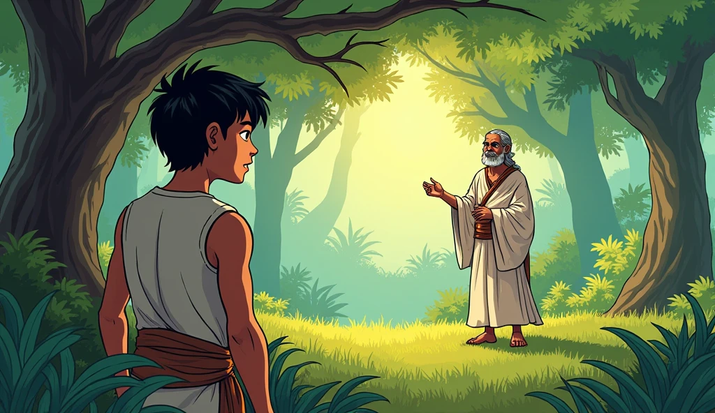 Comic style. Back under the large tree, Arav, the young adult warrior, listens intently as Sage Bhaskar narrates. The background shows the serene forest clearing with sunlight streaming through the tree canopy, casting a warm glow. Arav’s face is thoughtful, his dark eyes reflecting the lesson. Sage Bhaskar’s white robes and the lush green surroundings add to the peaceful atmosphere of the storytelling.