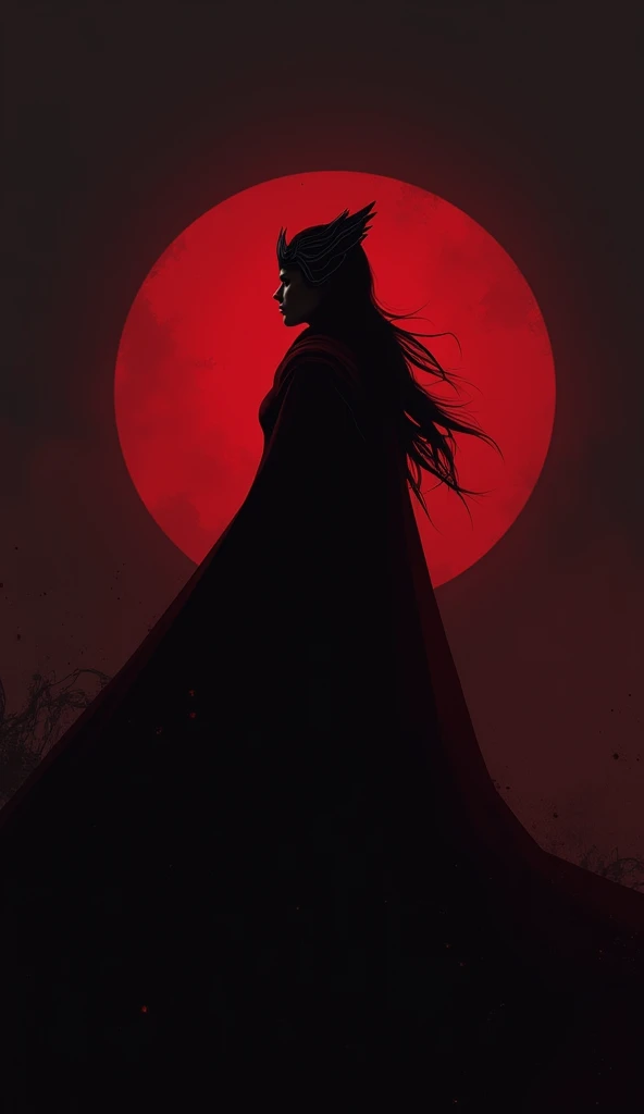 scarlet witch silhouette, minimalist, dark background
