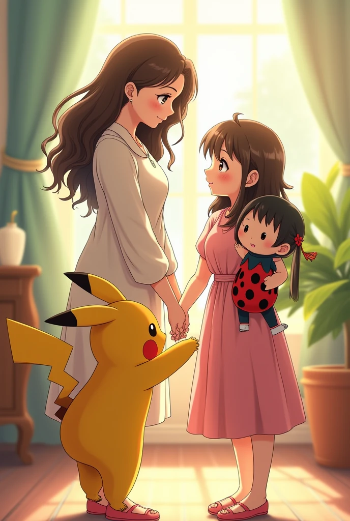 Anime style drawing of a pretty curvy girl holding hands with her two daughters, one is  and is dressed in a Pikachu costume and the other is a  girl holding a Lady Bog doll 