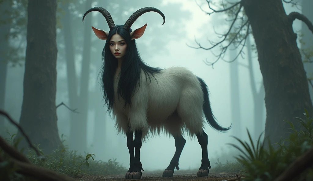 This image depicts a fictional creature with the upper body of a Thai woman and the lower body of a goat, against a backdrop of fog and trees.