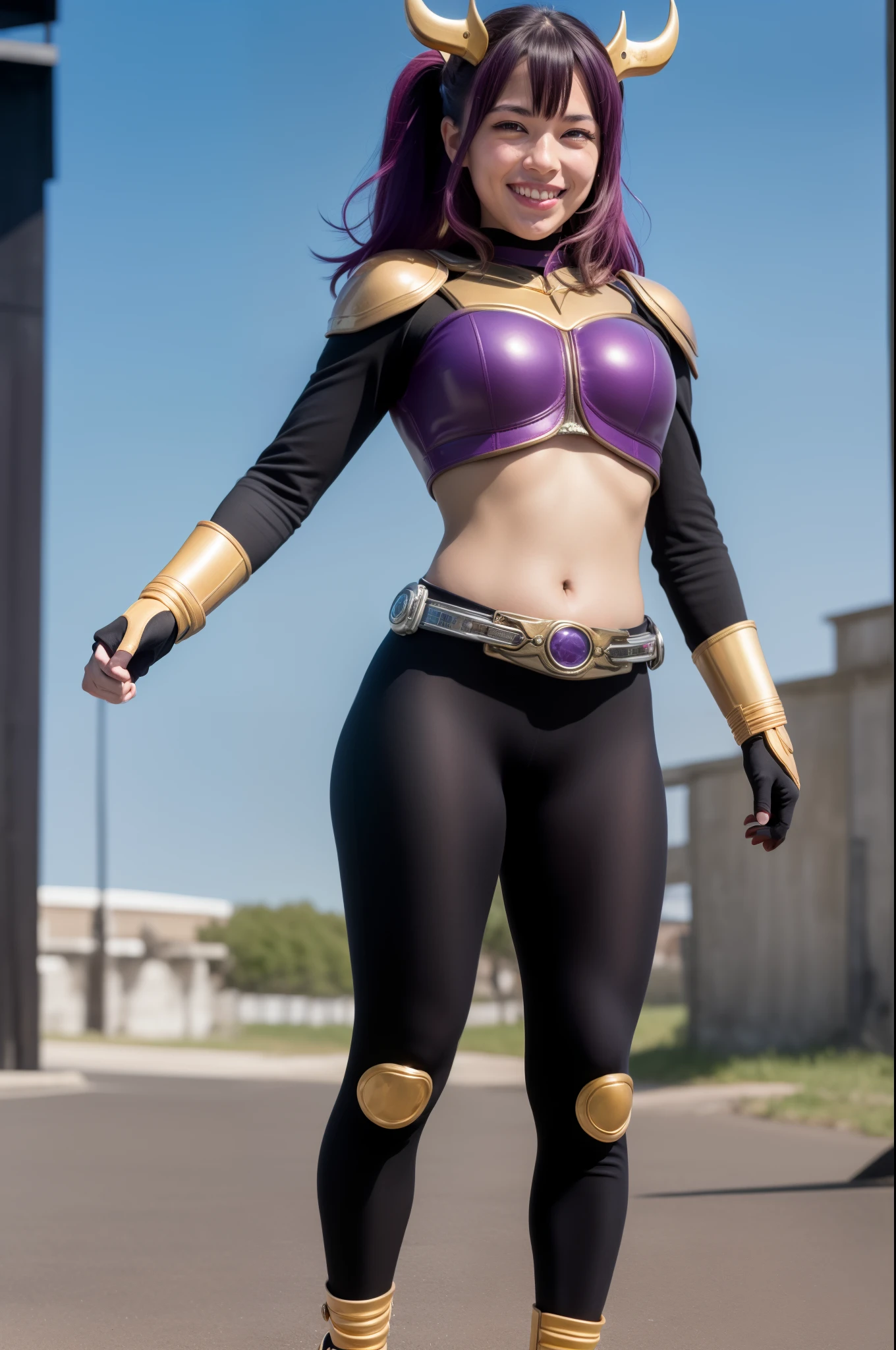 (The CG is very detailed.), (best quality), perfect face, Shiny skin, Shiny skin,wide hips, 1 girl,alone , Eukinetics,light purple hair,very long hair,low Twintail,Ahoge, purple eyes, Twintail, long hair,Mighty Cougar, ,Yellow horns,red armor, rider belt, glove, Diaphragm,navel,gold,,armor,belt,gag,bare shoulders, Thumbs up, smile,full body,
