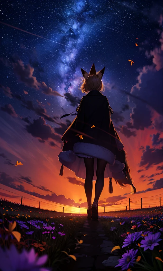1people々々々々々々々々々,Woman with medium length blonde hair,Fox Ears,Long coat,Takageta, Dress Silhouette, Rear View,Space Sky, Full moon background,A locomotive running in the distance,Flower Field,Colorful flowers,Dancing Petals,autumn,autumn leaves,