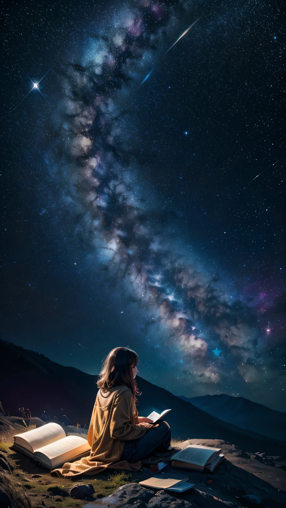 a  sitting in the stars and reading a colored shining book, Rainbow colored cosmic nebula sky background, stars, galaxies