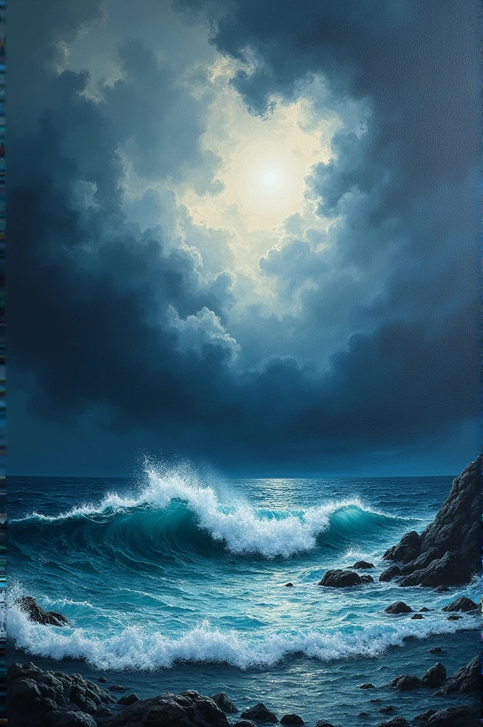 A rough oil painting of a dark gloomy sky and a bright lively sea