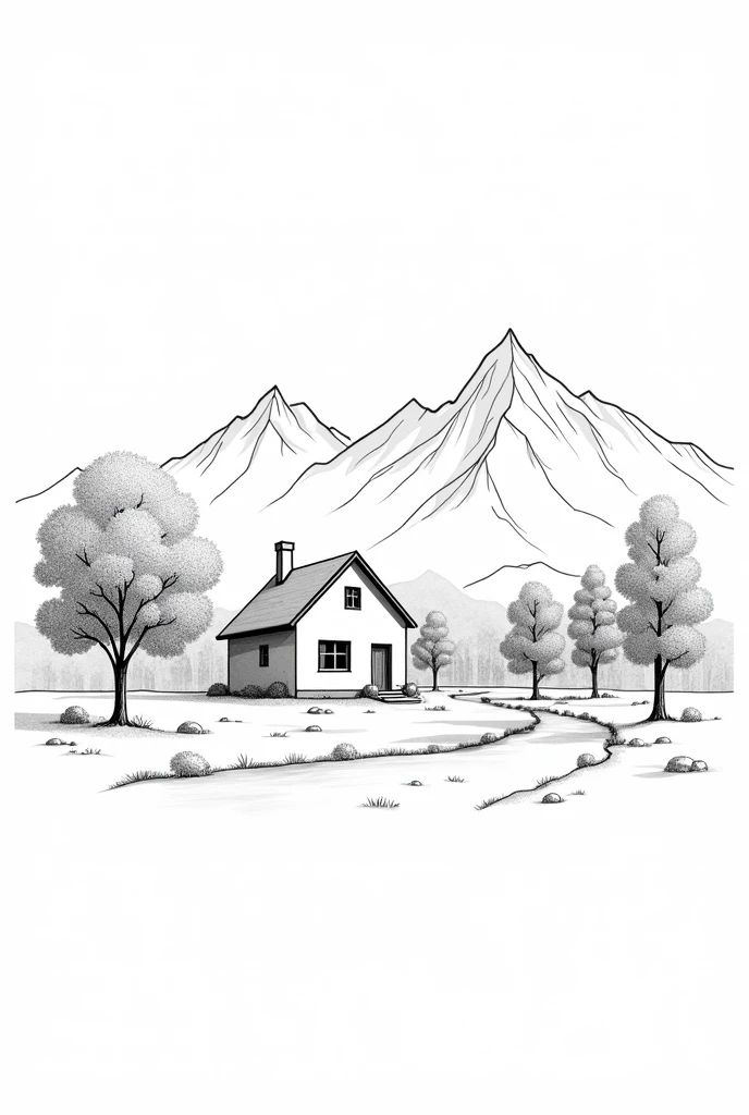 Landscape with a country house, trees, a river, mountains in the background, only outline of the drawing, black and white, without shadow