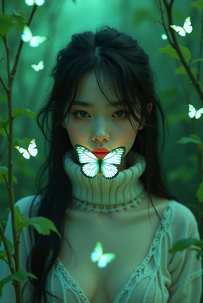 HD Photography，Real People，Beautiful Asian girl，She has long fluffy hair, Messy hair，There's a butterfly on my lips. She was wearing a white baggy tattered sweater，vegetation，Lush，, Fluorescent green color scheme, Soft shadows,  Swarms of glowing butterflies，The Art of Death，Death Stare，ruins
