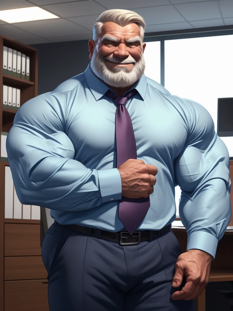 a muscular old man with a beard, no mustache, wearing a shirt, necktie, massive muscular, thick arms, smile, pectoral, standing in office, (best quality,4k,8k,highres,masterpiece:1.2),ultra-detailed,,detailed wrinkles,detailed facial features,detailed texture, half body, halfbody