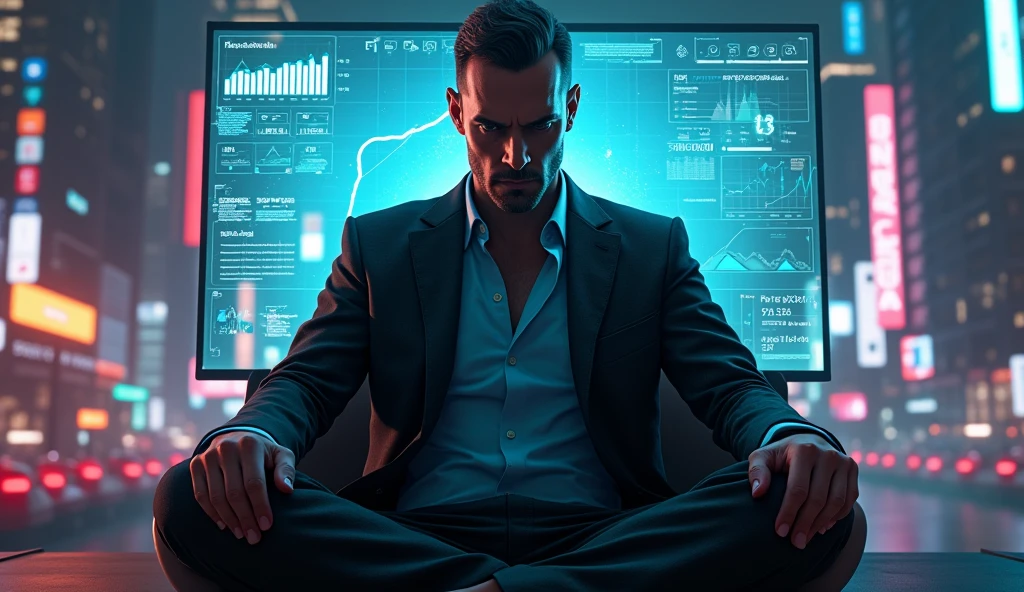 A man sitting controlling a youtube and in background have cyberpunk. A subtle power that dominates the minds of his audience. Make it more dominanting