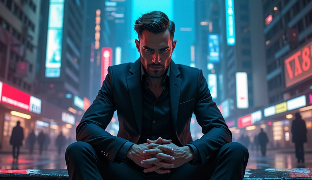 A man sitting controlling a youtube and in background have cyberpunk. A subtle power that dominates the minds of his audience. Make it more dominanting