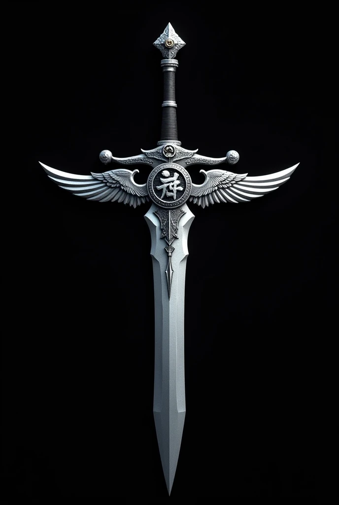 Close up of a sword with wings on a black background, silver emblem章, with an eagle emblem, emperor, emblem章, military emblem章, emblem, emblem of wisdom, emperor国象征, Avatar pictures, Sharp metal peak, Assessment Office, White Eagle Icon, shield emblem, Armor Sword, Regular construction, score: General, Great Sword, Hearts of Iron portrait style
