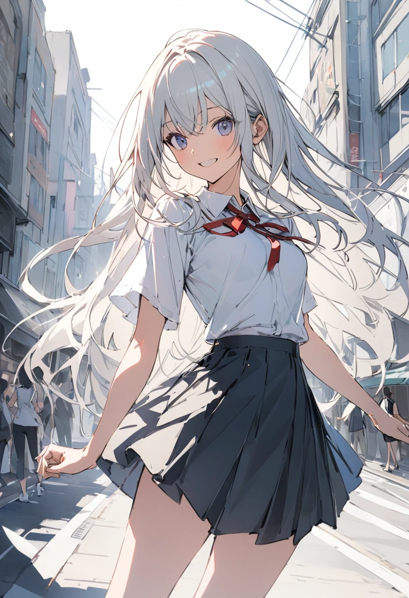 (one person, high school girl,summer uniform,slim,small breasts,feminine,silver long hair,Slope_eye),BREAK,(date me at street,happy with me),BREAK,conceptual art, masterpiece, Super Detail, Attention to detail, high quality, 最high quality, High resolution