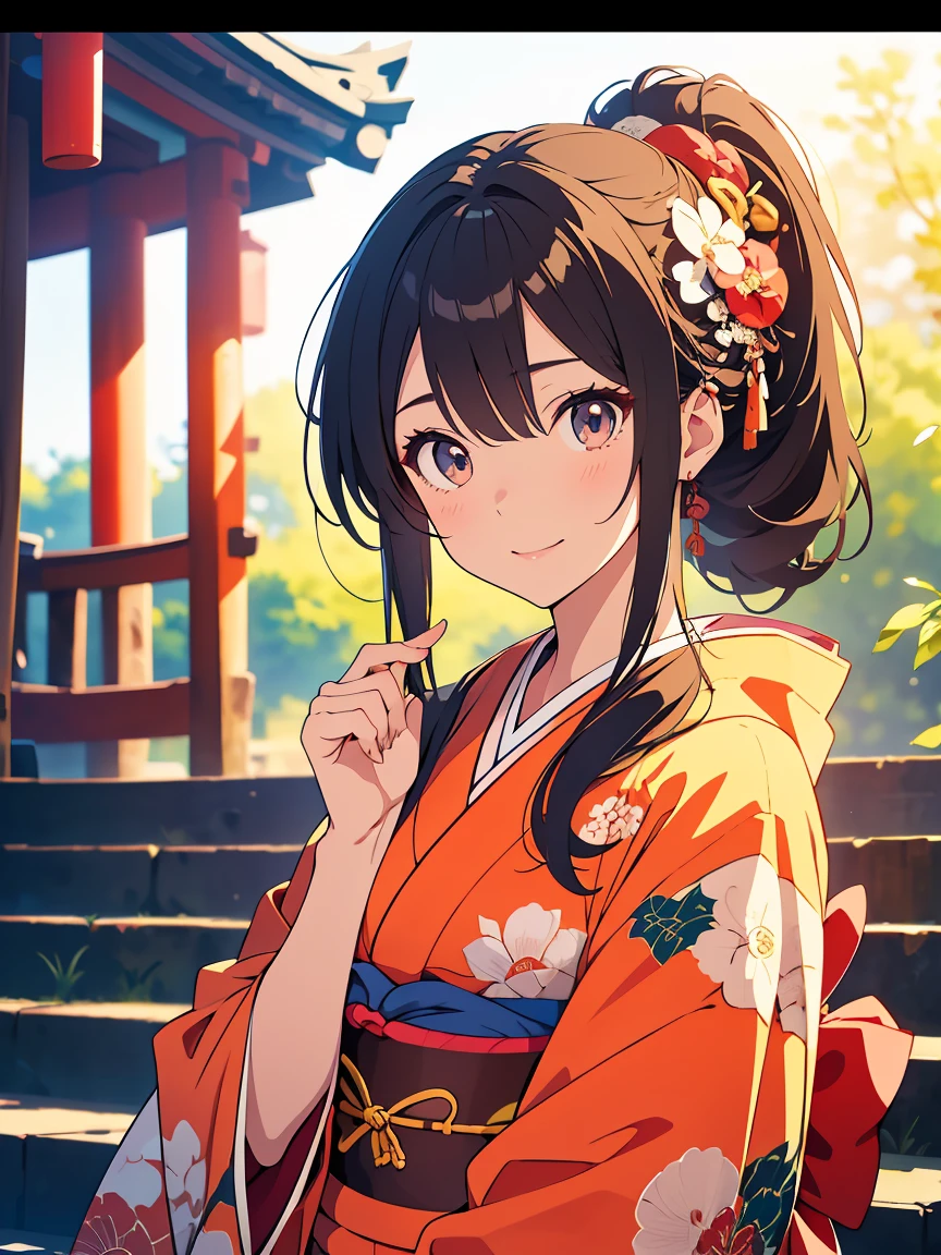 (masterpiece), best quality, expressive eyes, perfect face Beautiful Japanese woman cartoon, cartoon cute anime, Beautiful Japanese kimono, There a dragon embroidery on the kimono. kimono colour black and red, Japanese woman long hair, hair colour orange, hair style ponytail, single eyelids, eye style hooded and sultry and deep set and captivating and enigmatic, Facial expression smile, situation beautiful image.