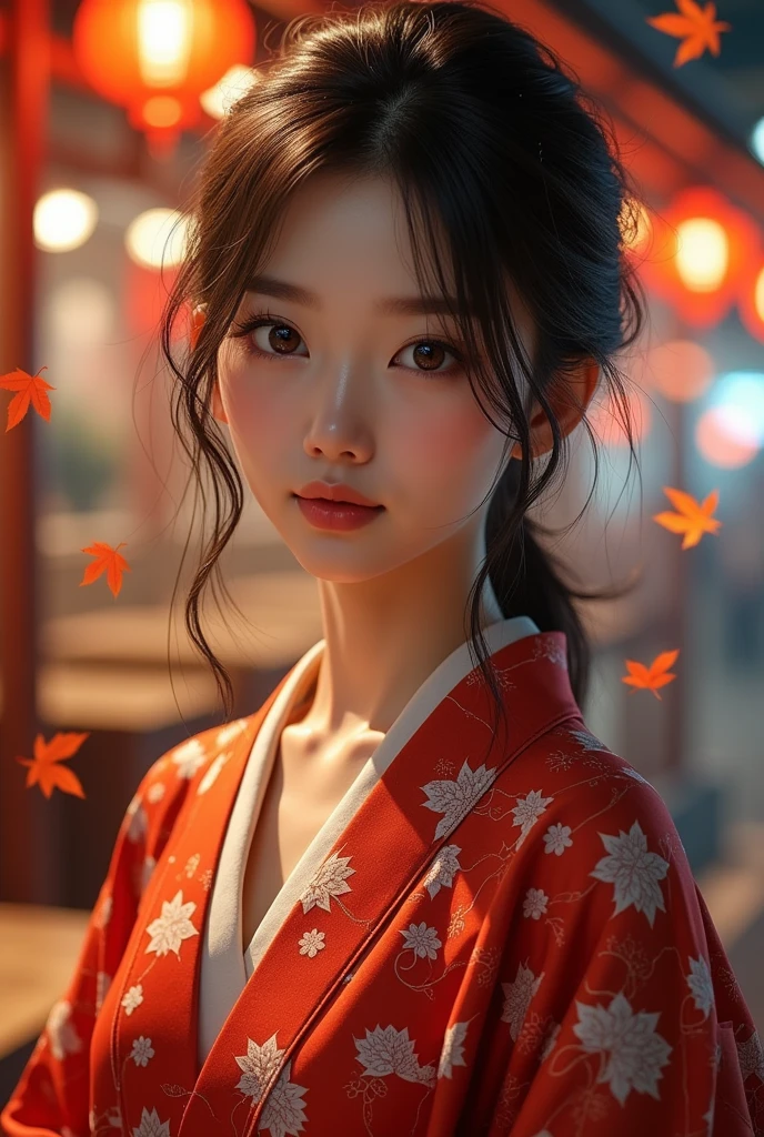 (masterpiece,Highest quality:1.4),(8k,RAW Photos,Photorealistic:1.4),Ultra-high resolution, ,(Glowing Skin:1.4),Detailed肌,Detailed顔,Detailed目,(Beautiful and shining eyes:1.2),Symmetrical eyes,Detailed耳,One person,Natural Makeup,(((Idol))),,Detailed背景,Vivid background,Beautiful and shiny hair,,((Average teenage breasts)),,(Detailed Sexy Japanese kimono with maple leaf pattern,,Maple leaves falling background,mysterious,whole body),,((Sharp Face)),Natural light,,(Very detailed ,,online shopping,LUMINE® Market,),real,,Professional,(Detailed,Location was great.),