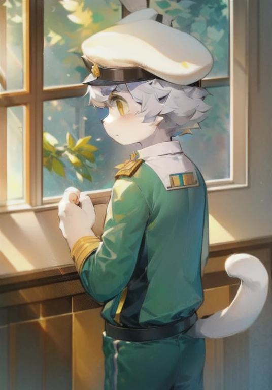 White male cat,boys,Handsome,Silver Hair,Detailed background,,Golden Eyes,military uniform,Wearing a lot of medals,serious,Wearing a military cap,The back of the hand is behind the back,In the meeting room,Detailed background
