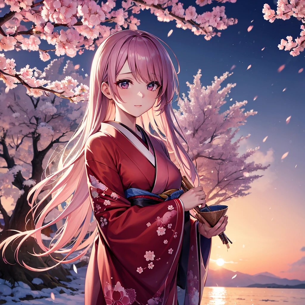 A beautiful woman in a kimono、A photo of the cherry blossoms falling like snow is moving to the viewer.