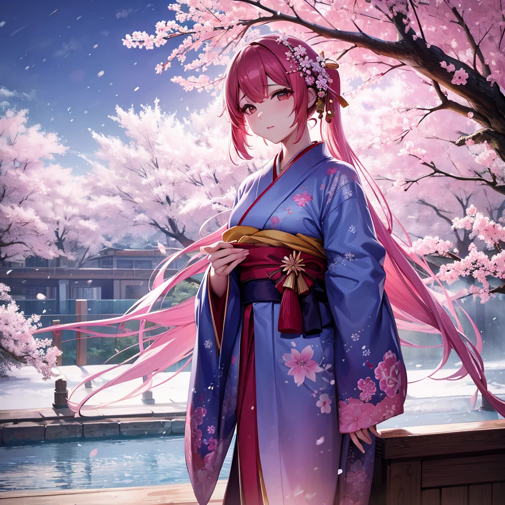 A beautiful woman in a kimono、A photo of the cherry blossoms falling like snow is moving to the viewer.