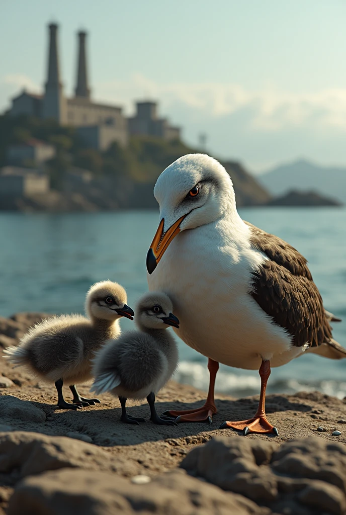 1 alcatraz feeding her 3 chicks 