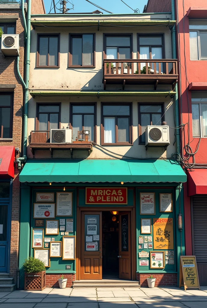 A background of windows and doors of a building is observed, On the sides hang boards containing notices, exchanges, changes, etc. Typical of a horizontal district