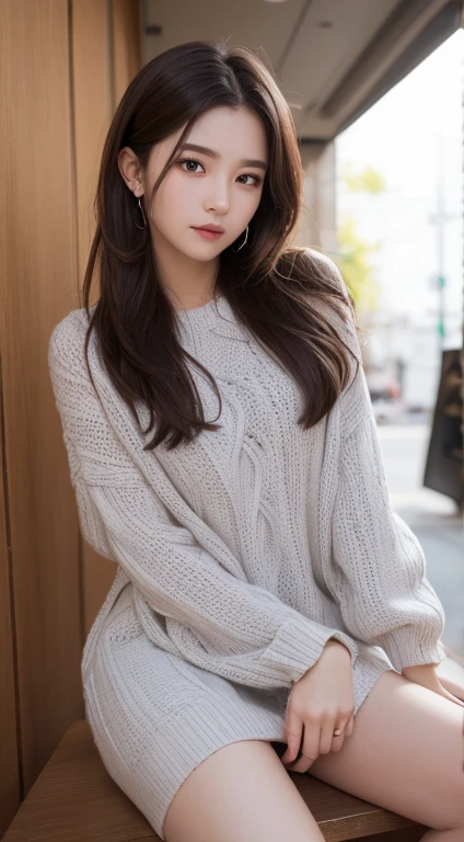 In detail, High resolution, high quality、Perfect dynamic composition, Beautiful attention to detail,Brown Hair, Medium Hair, small 、Natural color lip,Kamimei、Shibuya Ward、20-year-old girl、1 person、Clear Skin、Shiny Hair、Tabletop, 最high quality, figure, Very detailed, In detail, High resolution, 8k、The correct state of the human body、Randomly cute poses,ponytail,Beautiful feet,Perfect beautiful face,KPOP idol faces,Ecstatic face,Light grey knit dress,Background Blur,Dress up as a model for a women's fashion magazine