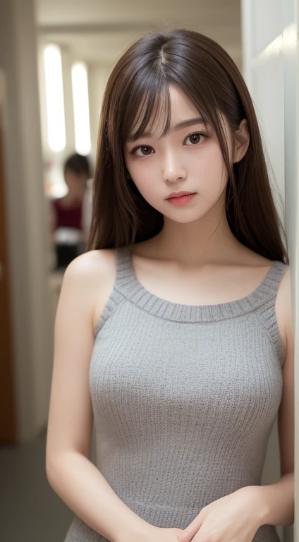 In detail, High resolution, high quality、Perfect dynamic composition, Beautiful attention to detail,Brown Hair, Medium Hair, small 、Natural color lip,Kamimei、Shibuya Ward、20-year-old girl、1 person、Clear Skin、Shiny Hair、Tabletop, 最high quality, figure, Very detailed, In detail, High resolution, 8k、The correct state of the human body、Randomly cute poses,ponytail,Beautiful feet,Perfect beautiful face,KPOP idol faces,Ecstatic face,Light grey knit dress,Background Blur,Dress up as a model for a women's fashion magazine
