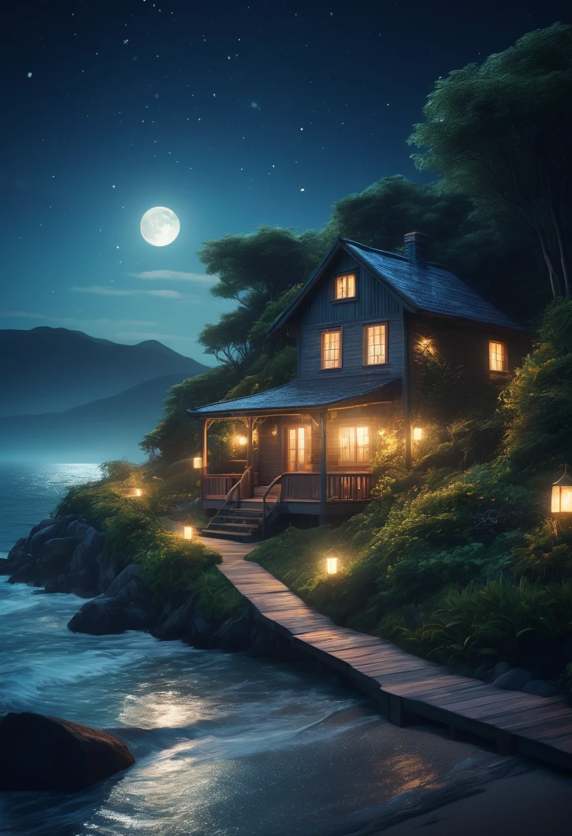 a cozy cottage by the sea at night, starry sky, moonlight, lush vegetation, ocean waves, glowing lanterns, warm atmosphere, magical landscape, cinematic lighting, dream-like, ethereal, (best quality,4k,8k,highres,masterpiece:1.2),ultra-detailed,(realistic,photorealistic,photo-realistic:1.37),dramatic lighting, dramatic shadows, vibrant colors, moody tones, cinematic composition, atmospheric, mystical, tranquil, serene