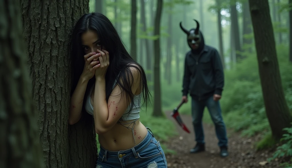 ultra realistic, photography, long black straight hair, messy hair, (30 years old, hazel eyes, hourglass figure, perfect fit body, natural big breasts), femme fatale, she is wearing a very ripped and torn blouse with a plunging neckline, pushed down over her right shoulder, blood is on her blouse, she got cuts and scratches, there are bloodstains on her blue jeans, her sneakers are dirty, she is hiding in the woods, standing behind a huge tree, she is leaning against the tree, she looks very scared, she covers her mouth with her hands, a guy with a devils mask and a bloody machete is approaching behind her tree, he is looking around, extreme wide angle