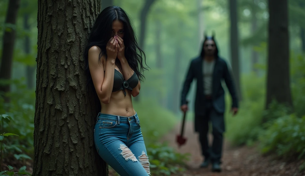 ultra realistic, photography, long black straight hair, messy hair, (30 years old, hazel eyes, hourglass figure, perfect fit body, natural big breasts), femme fatale, she is wearing a very ripped and torn blouse with a plunging neckline, pushed down over her right shoulder, blood is on her blouse, she got cuts and scratches, there are bloodstains on her blue jeans, her sneakers are dirty, she is hiding in the woods, standing behind a huge tree, she is leaning against the tree, she looks very scared, she covers her mouth with her hands, a guy with a devils mask and a bloody machete is approaching behind her tree, he is looking around, extreme wide angle