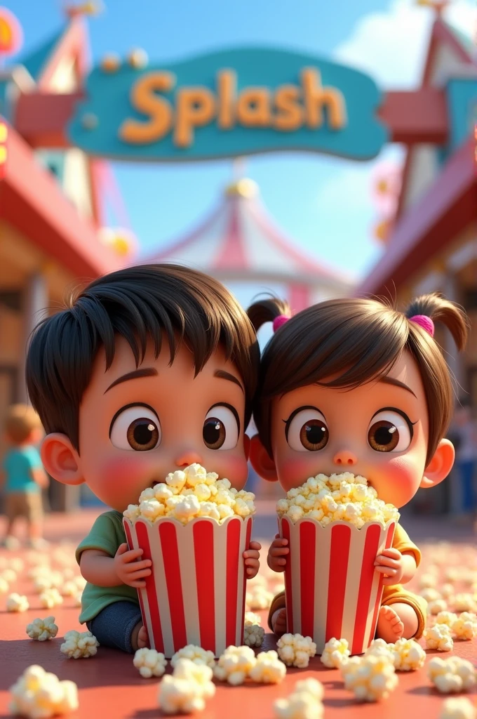 Pixar boy eating popcorn and girl eating popcorn in an amusement park with a sign in the background that says SPLASH