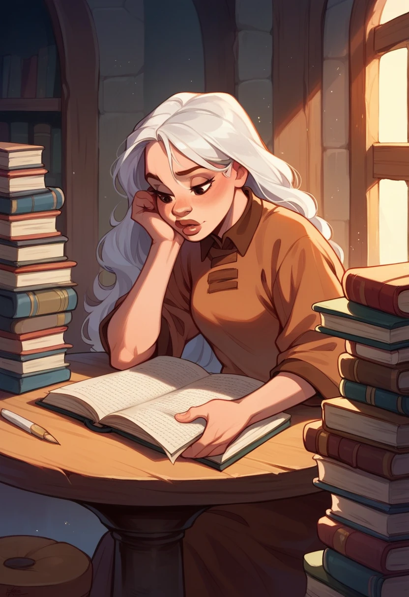 Woman with long, copper-white hair, thick lips, sitting at a table, reading a book, brown clothes and in the background on the wall a drawing of the Disney castle
