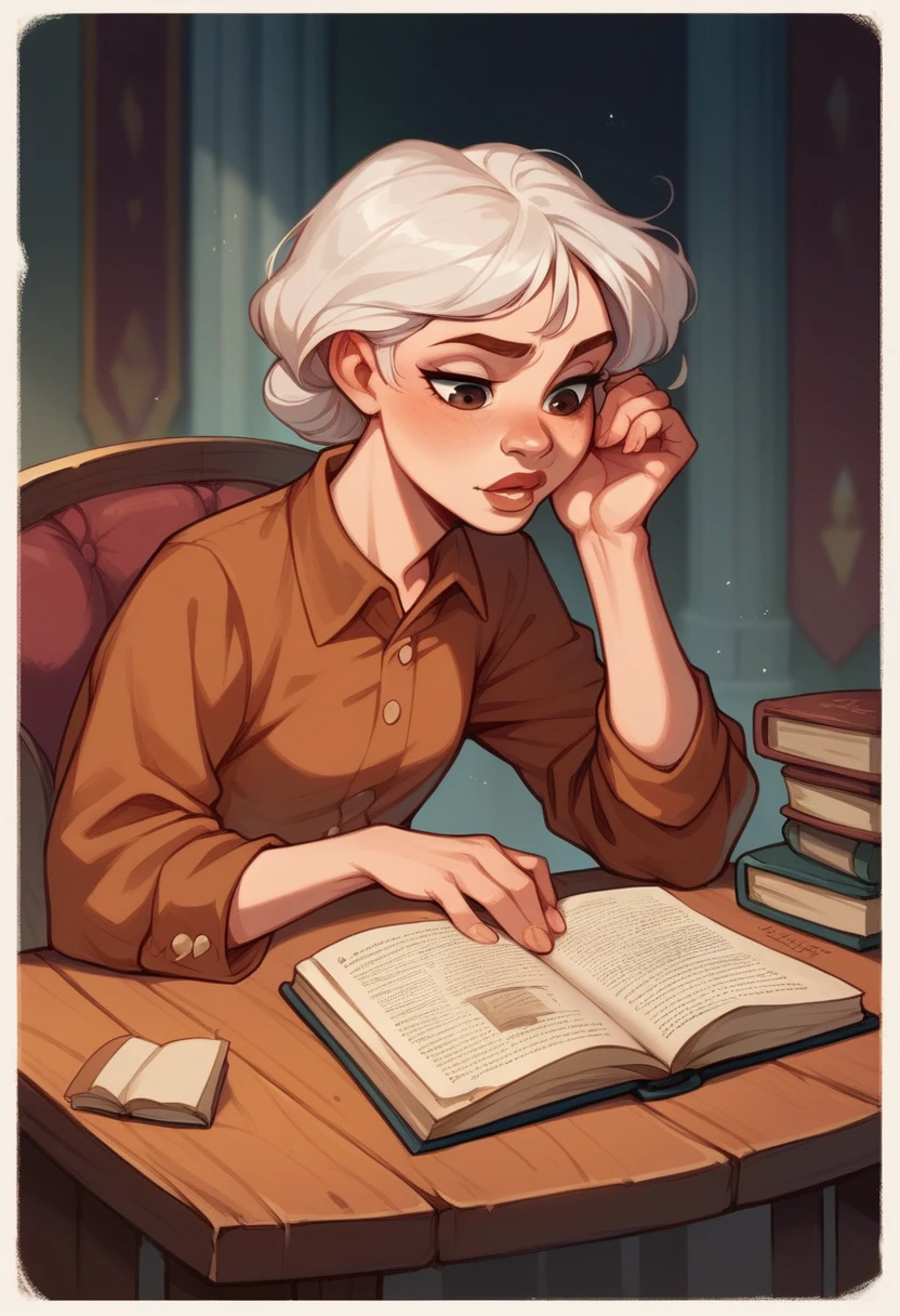 Woman with long, copper-white hair, thick lips, sitting at a table, reading a book, brown clothes and in the background on the wall a drawing of the Disney castle