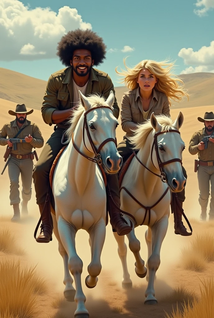 Photo of a young black man with afro hairstyle, running away with a young blonde with blue eyes, on a white horse and being watched by brave men armed with rifles, in a situation of danger